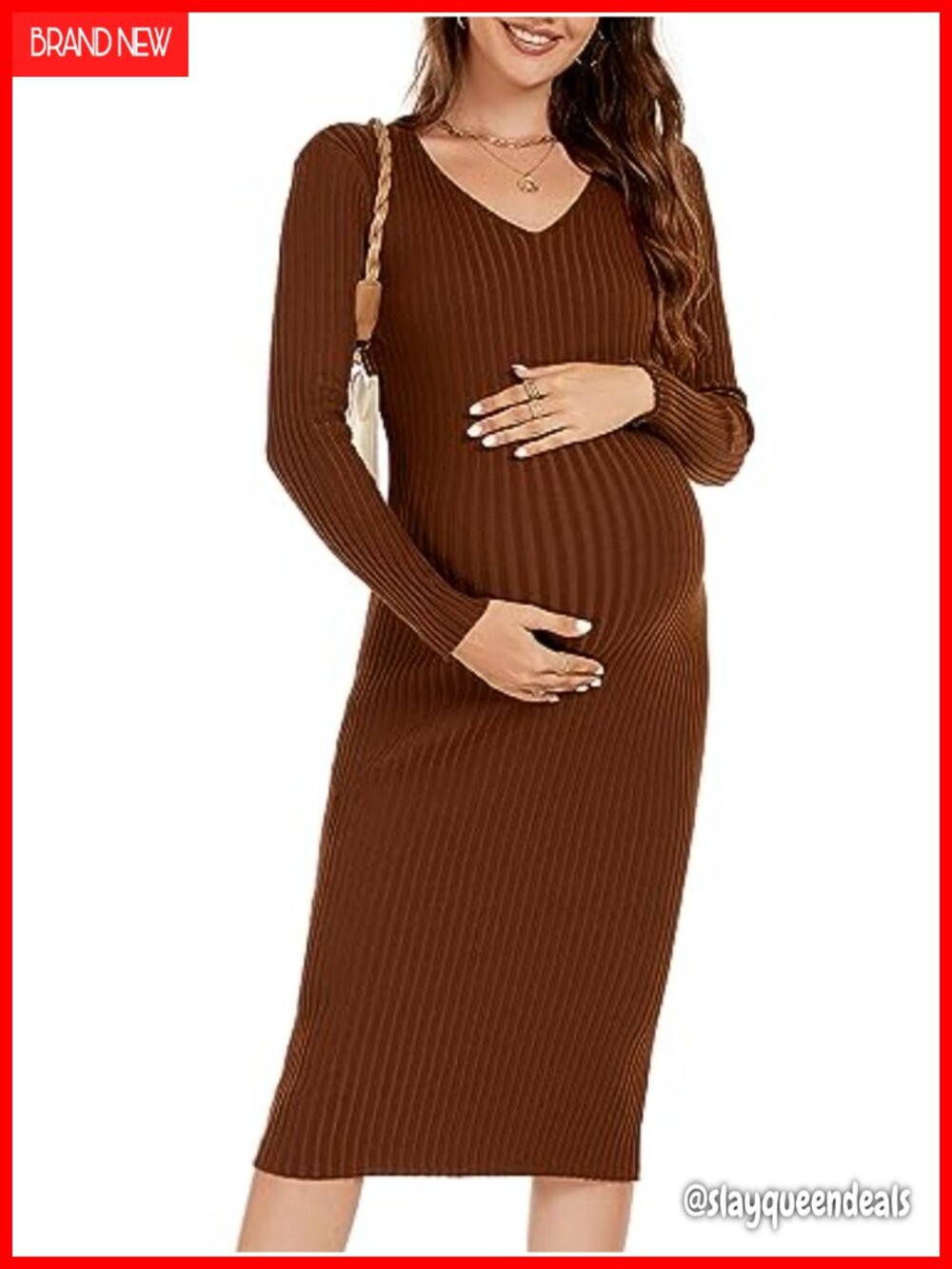 Maternity Sweater Dress Long Sleeve V-Neck Bodycon Knee Length Baby Shower